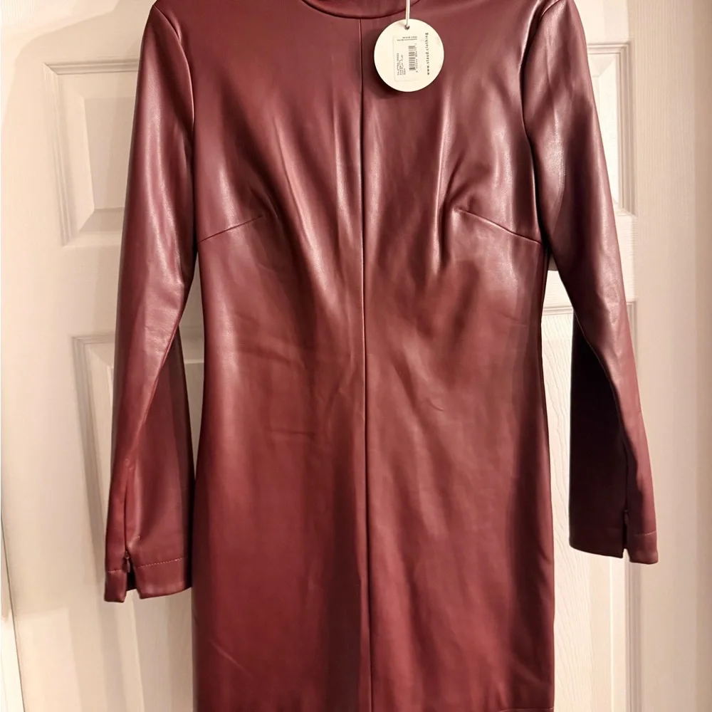 STAUD Burgundy Long Sleeve Faux Leather Mini Dress - Picture 2 of 4